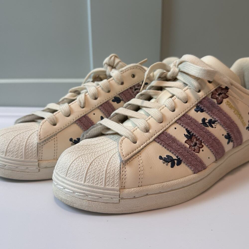 Adidas Superstar Floral Womens 8 Wonder White Magic Mauve Embroidered H03479
